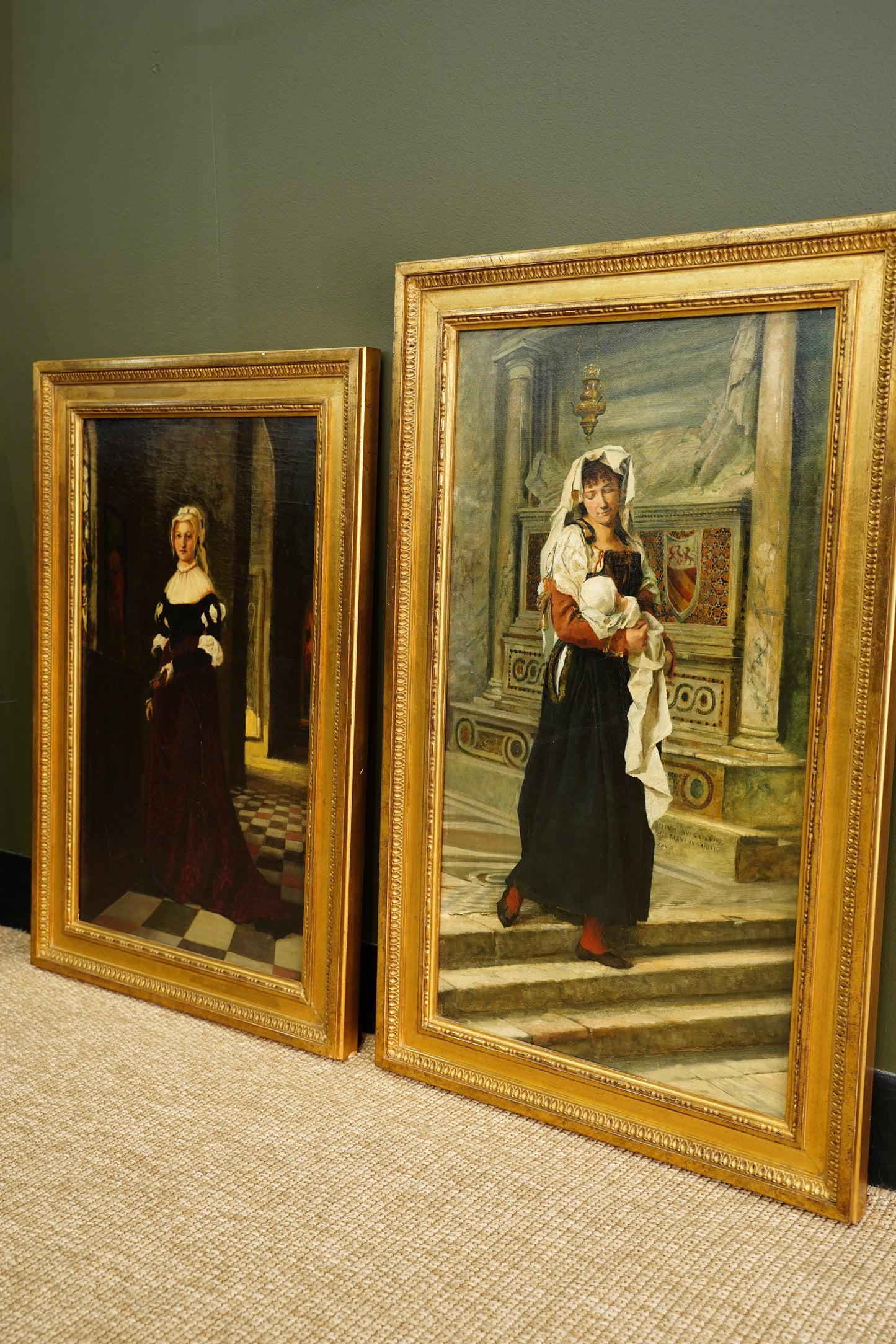 *RESERVED* Antique German Historical Costume Portrait Oil Painting Woman in Red, Circa 1870