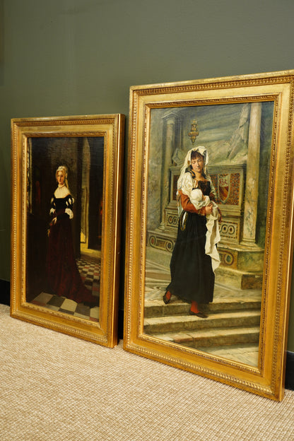 *RESERVED* Antique German Historical Costume Portrait Oil Painting Woman in Red, Circa 1870