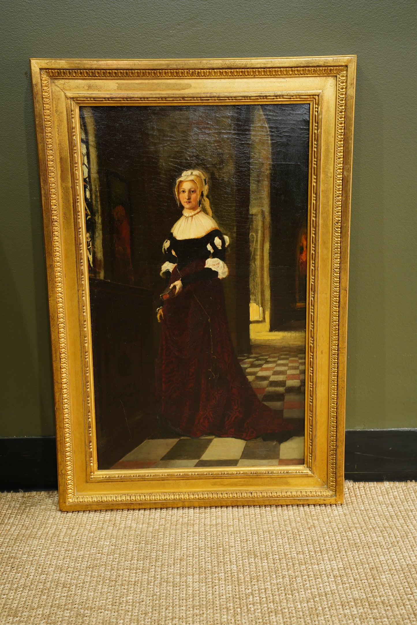 *RESERVED* Antique German Historical Costume Portrait Oil Painting Woman in Red, Circa 1870