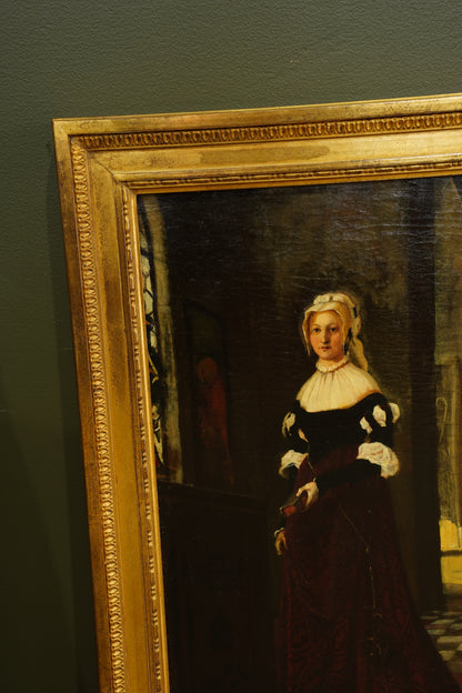 *RESERVED* Antique German Historical Costume Portrait Oil Painting Woman in Red, Circa 1870