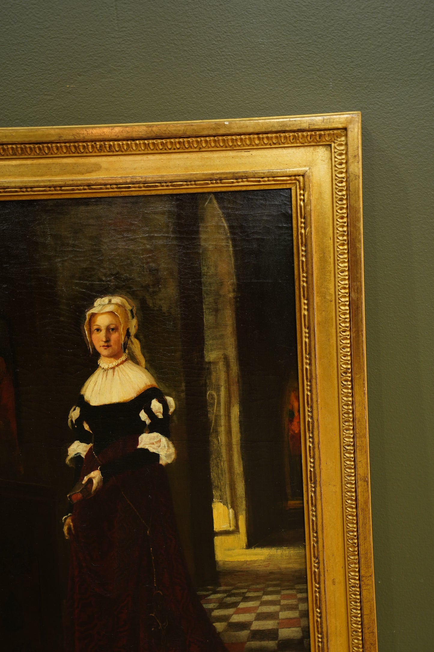 *RESERVED* Antique German Historical Costume Portrait Oil Painting Woman in Red, Circa 1870