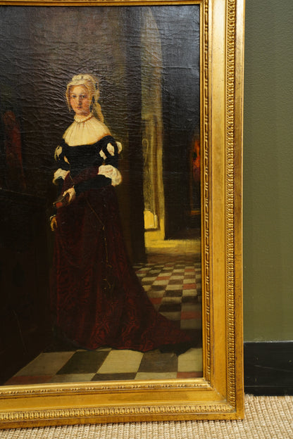 *RESERVED* Antique German Historical Costume Portrait Oil Painting Woman in Red, Circa 1870