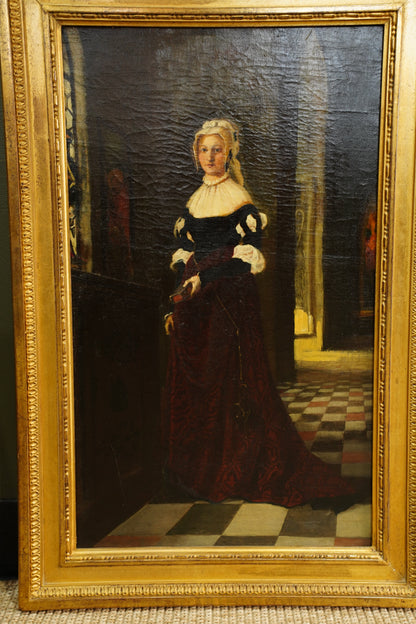 *RESERVED* Antique German Historical Costume Portrait Oil Painting Woman in Red, Circa 1870