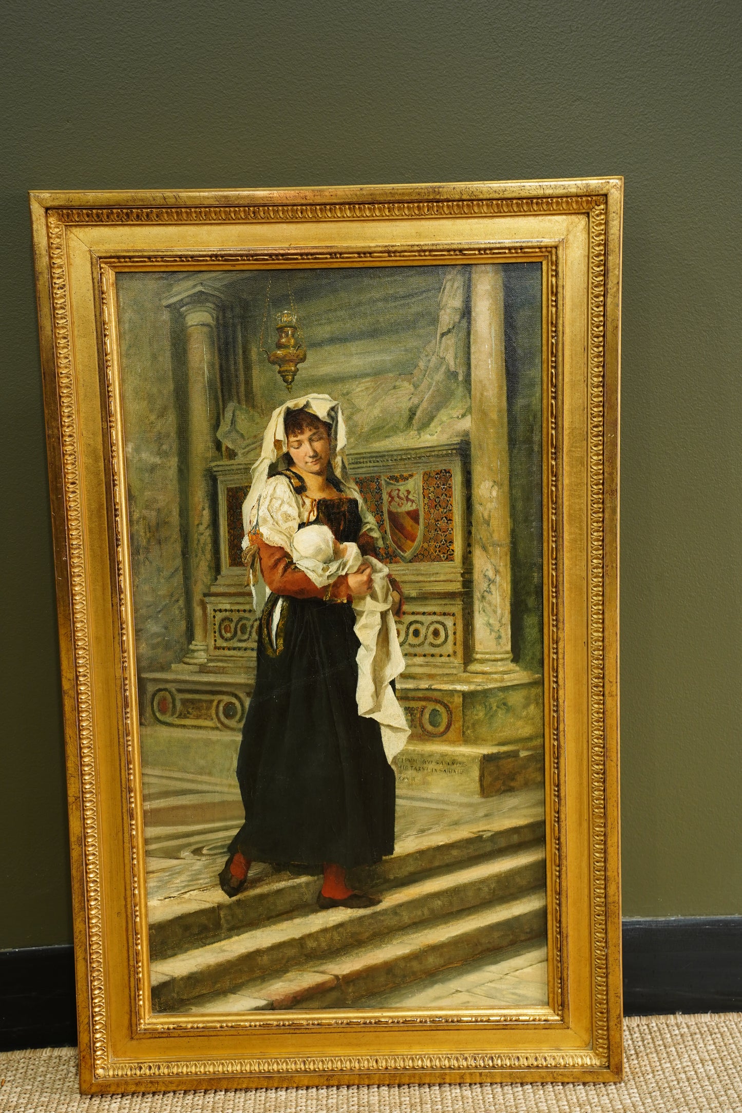 Antique Italian Oil Painting Woman and Baby in Church, Circa 1880