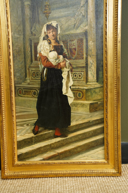 Antique Italian Oil Painting Woman and Baby in Church, Circa 1880
