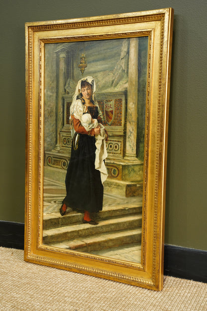 Antique Italian Oil Painting Woman and Baby in Church, Circa 1880