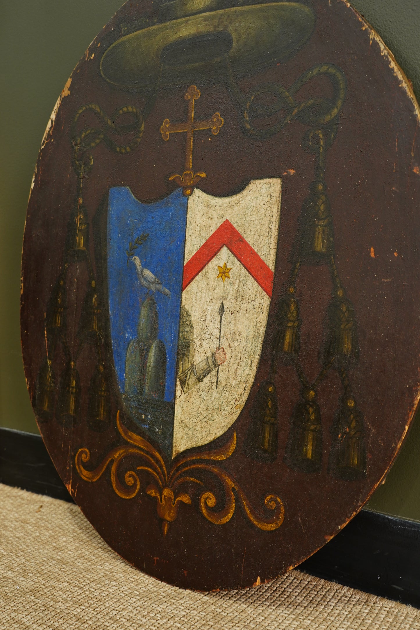 Antique Continental Coat of Arms Painting on Wood, Oval Unframed