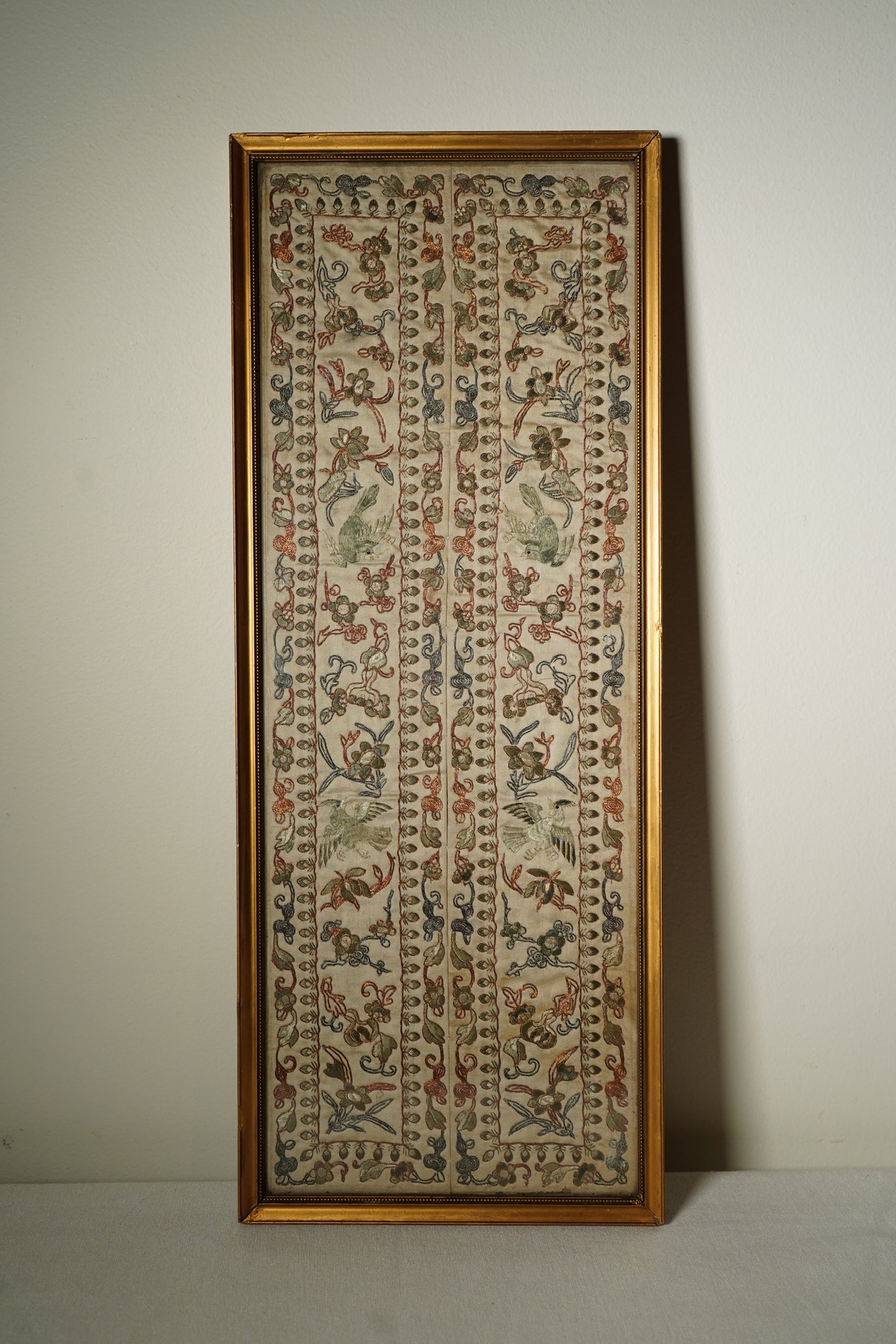 Antique European Chinoiserie Silk Embroidery on Satin