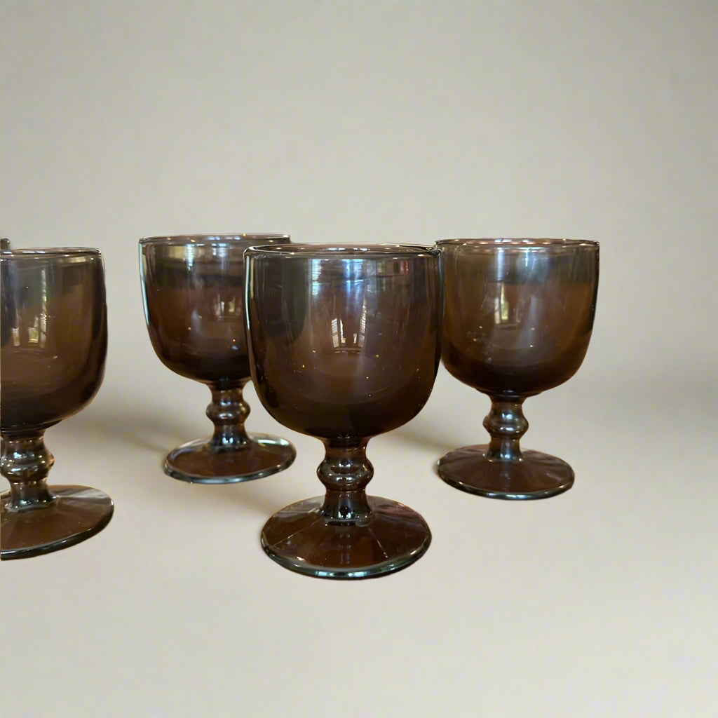 Set of 5 Vintage Mid-Century Smoke Glass Cordial Goblets | Hoffman Style Barware, 1960s–1970s