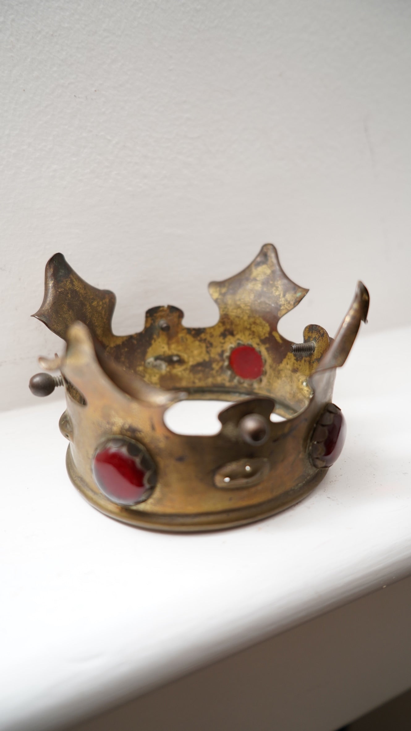Antique Brass Crown Mount with Red Glass Jewels | Gothic Revival Altar Ornament c.1880–1920