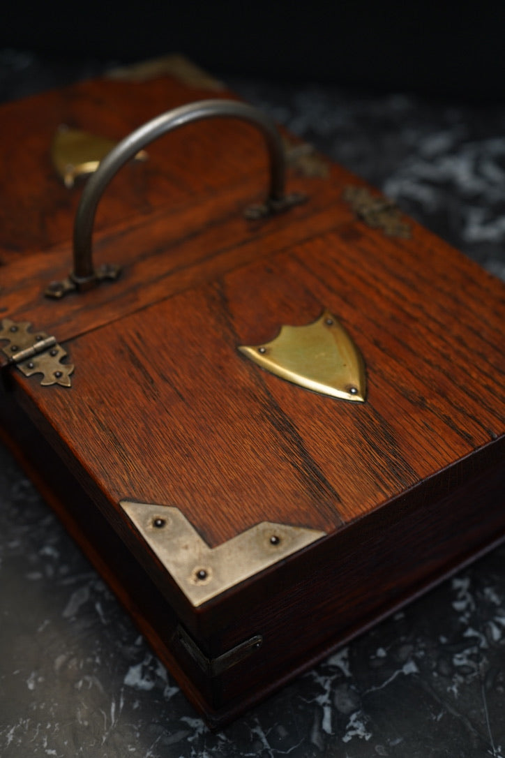 Antique Edwardian Oak & Silver-Plated Two-Compartment Stationery Box with Handle