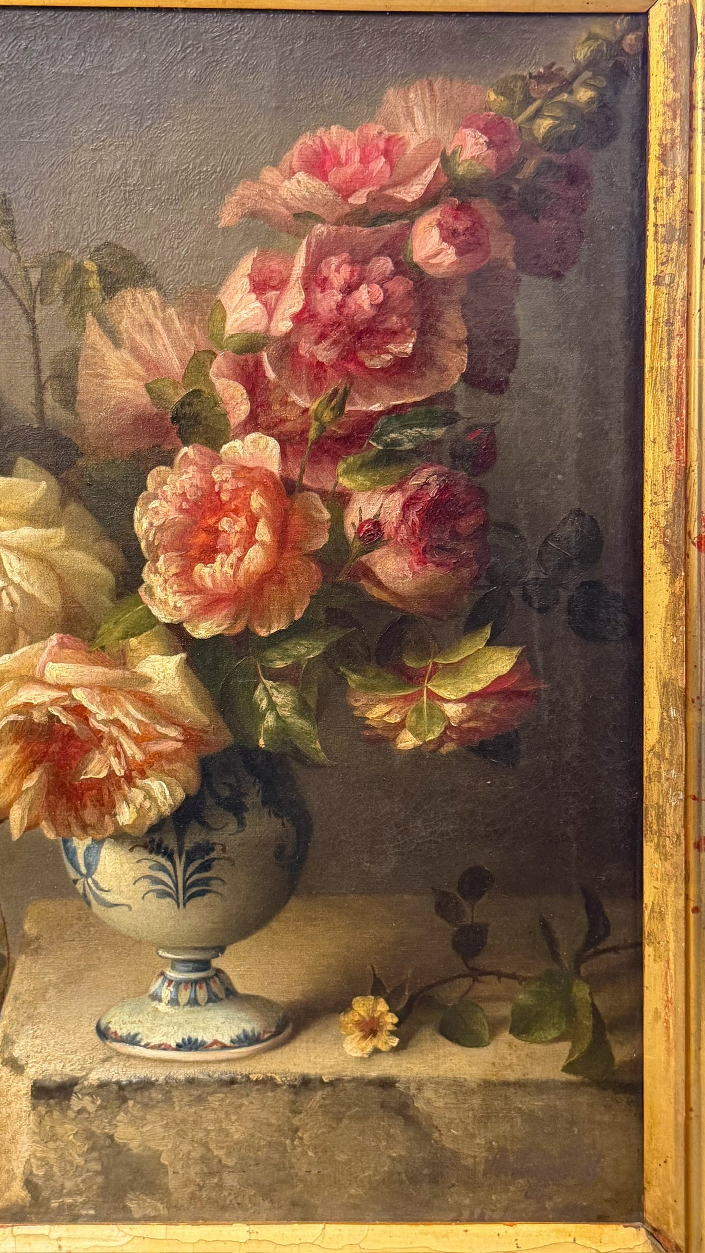 Antique Oil Painting Roses in Blue and White Vase