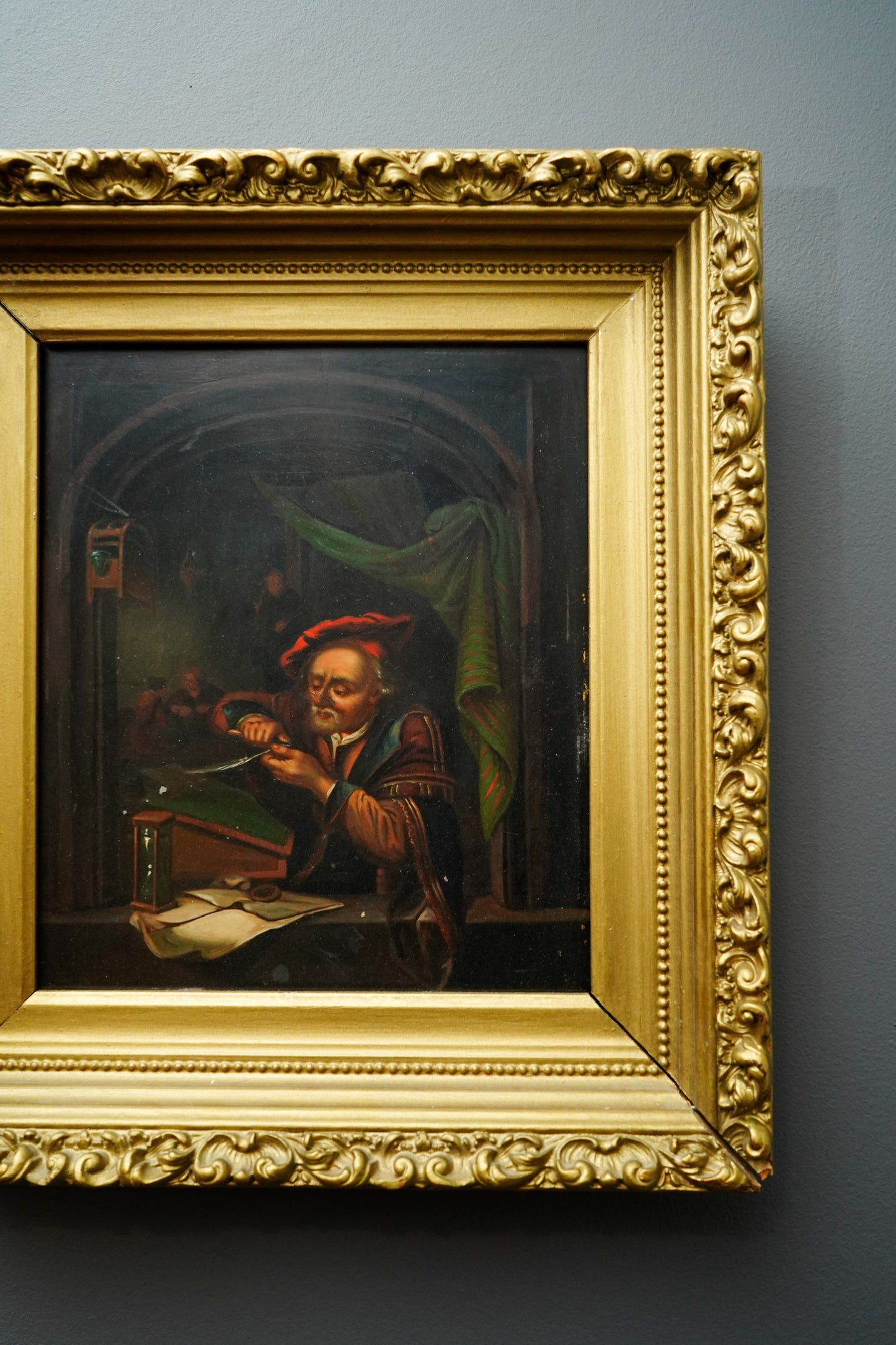 Antique Dutch Genre Oil on Metal Painting, “The Scholar” Pendant to “The Dentist”