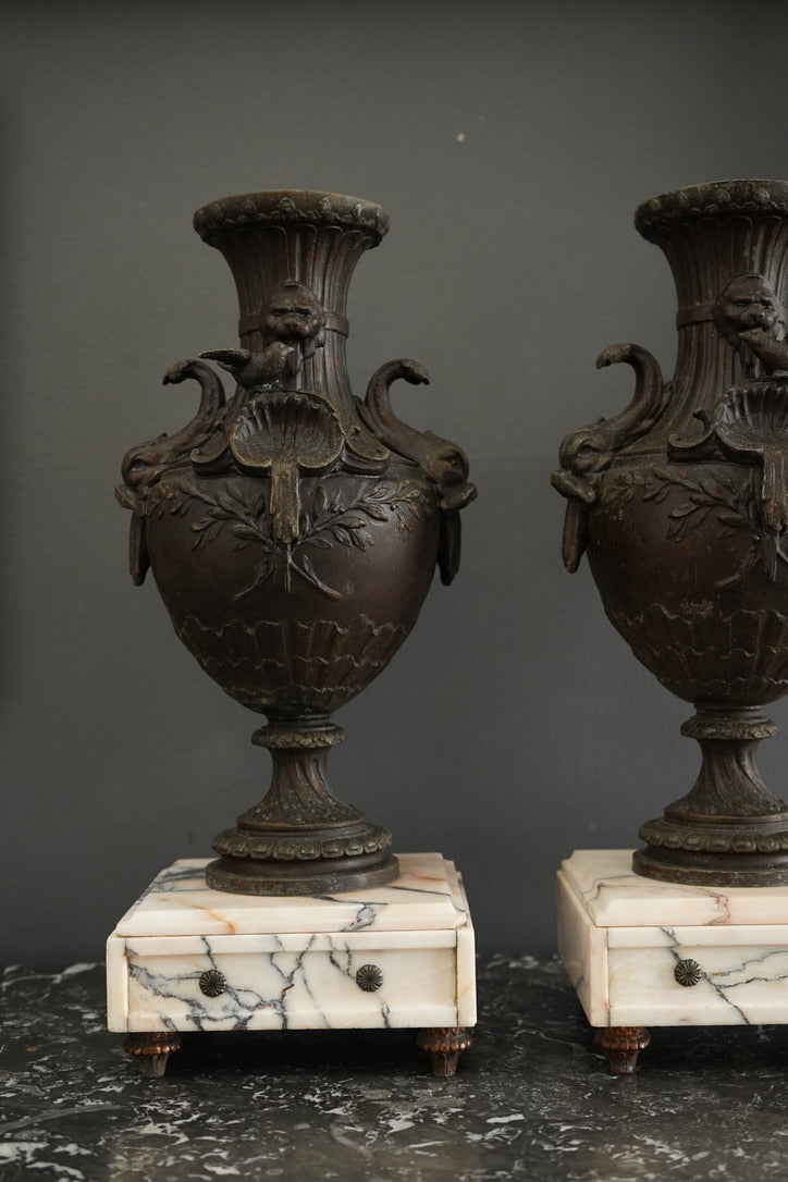 Pair of 19th Century French Napoleon III Style Spelter & Marble Urns