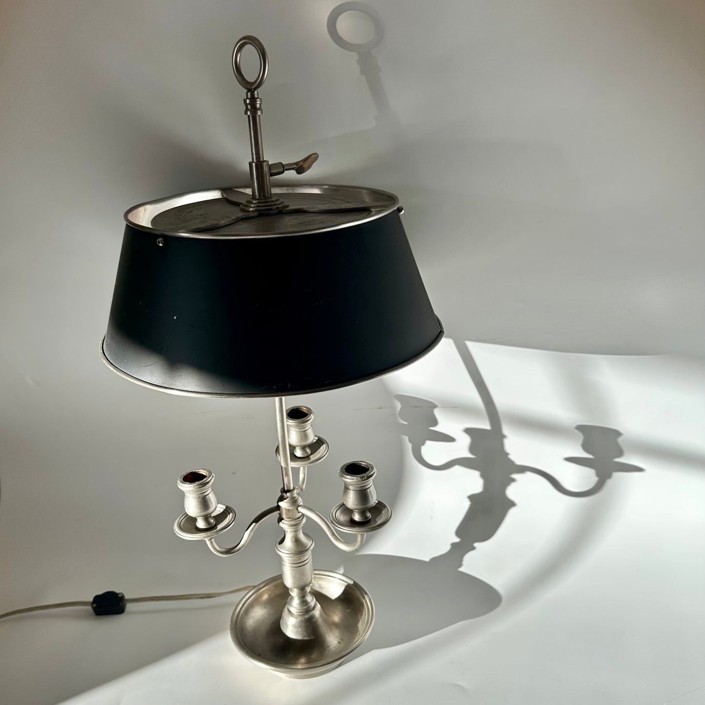 Bouillotte-Style Pewter Lamp with Adjustable Metal Shade & Dual Light Settings