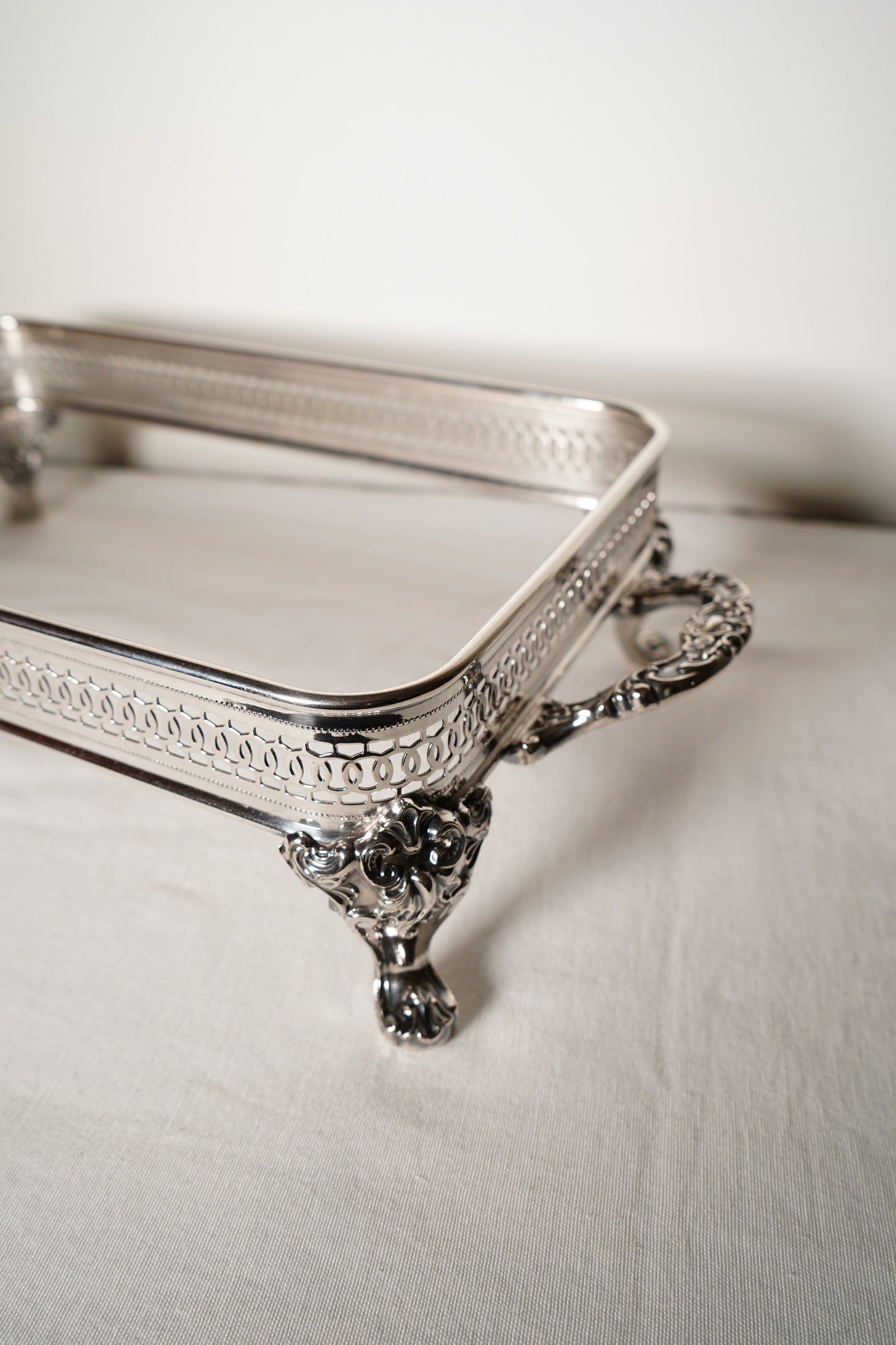 Antique Silver Plated Casserole Dish Holder Stand with Pierced Gallery