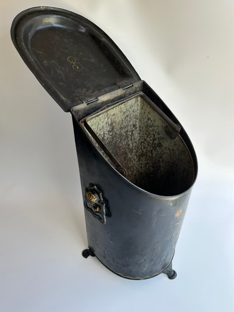 Antique European Hand‑Painted Tole Coal Scuttle | Victorian Fireplace Bucket, c.1880