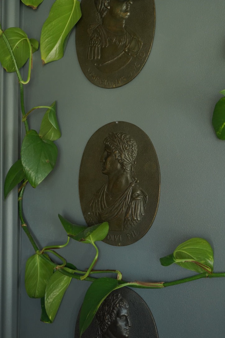 Set of 3 Antique Grand Tour Bronze Portrait Plaques – Roman Emperors Vespasian & Augustus, 19th Century Italian