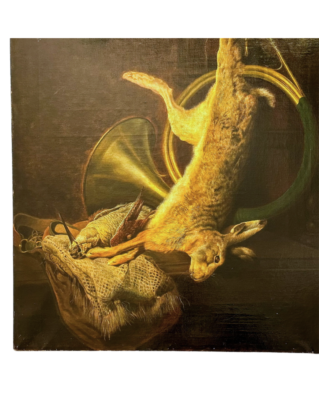 19th Century Game Hunt Rabbit Oil Painting, Large Unframed European Hunt Old Masters Oil Painting