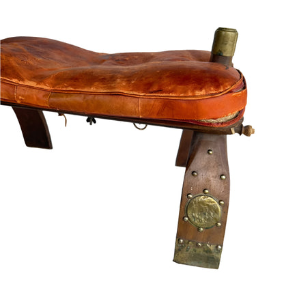 Vintage Middle Eastern Camel Saddle Stool with Embossed Leather Cushion & Brass Accents (c. 1950s)