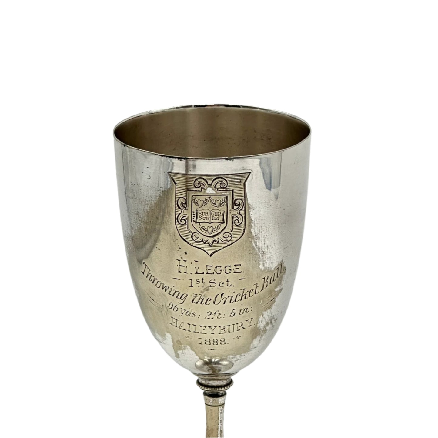 Antique English Silver Plated Trophy Goblet, "Haileybury College Throwing Cricket Ball Trophy Victorian 1888"
