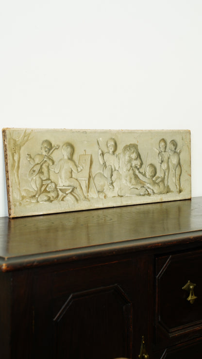 Antique Belgian Cherub Oil Painting, Putti and Lion Grisaille Panel
