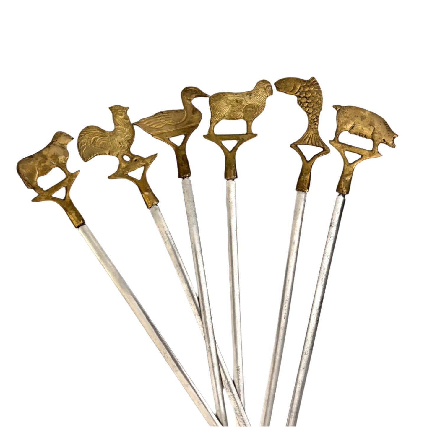 Mid-Century Brass Animal Meat Markers – Set of 6 Carving Skewers