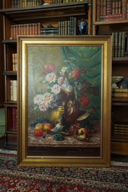 Signed Still Life with Game Birds, Fruit, and Floral Urn Attributed to Max Albert Carlier
