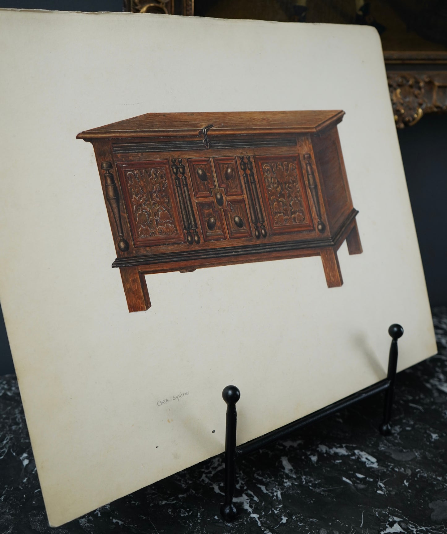 Antique Furniture Illustration – Colored Pencil Rendering of a Jacobean Oak Chest by Chas. Squires, c.