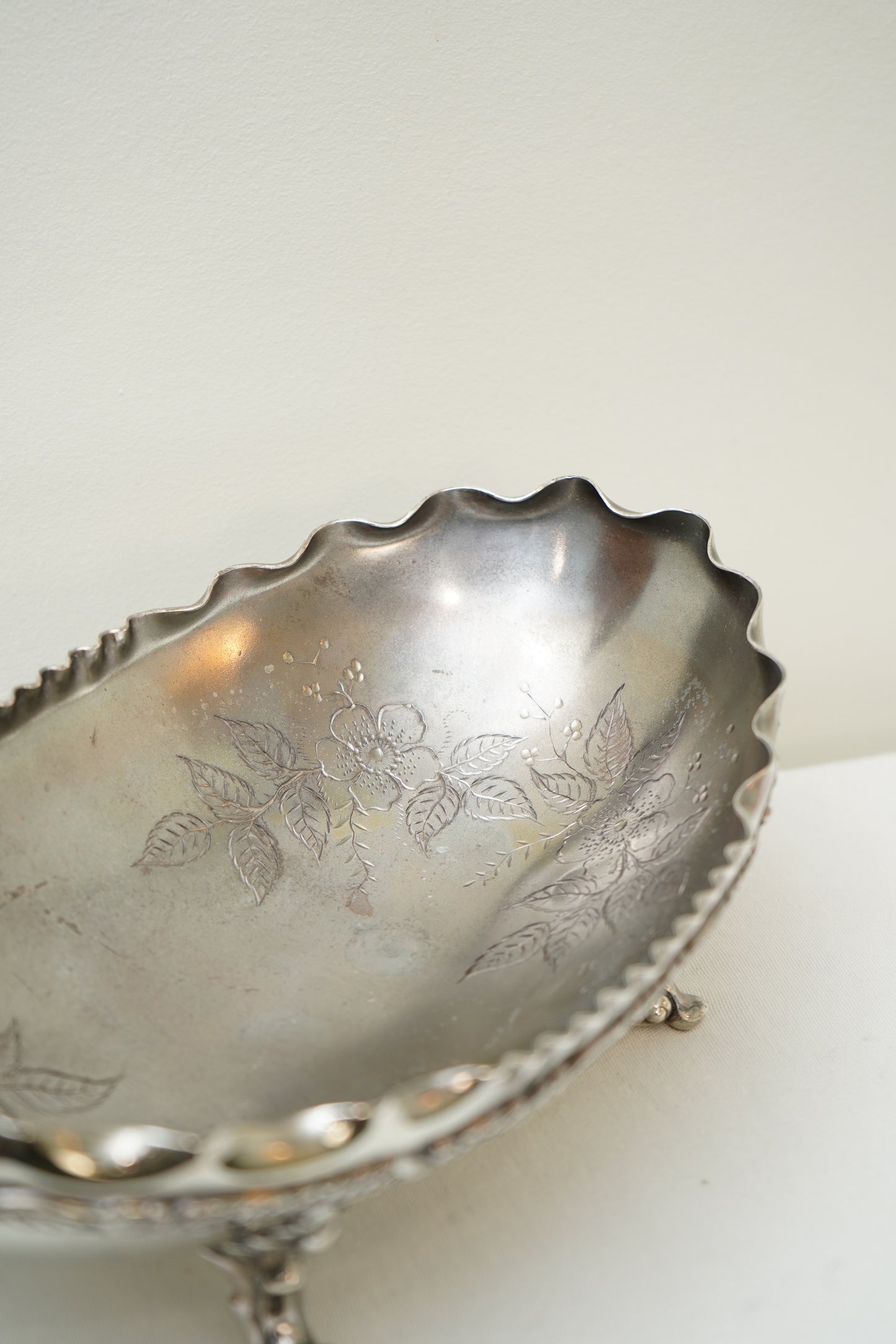 Antique Crescent Quadruple Silver Plate Footed Oval Bowl