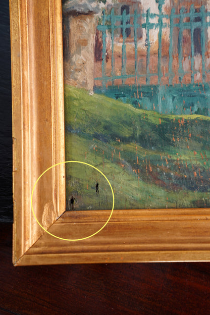 Antique French Country House Oil Painting on Board