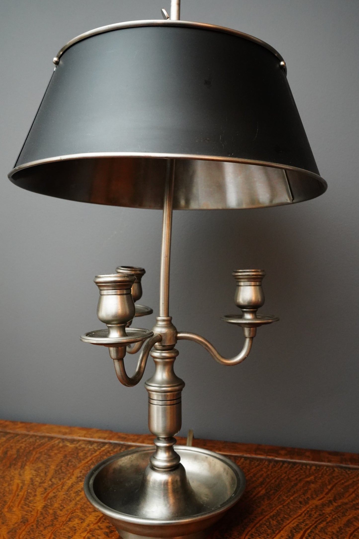 French Bouillotte Style Pewter-Toned Table Lamp with Adjustable Black Tole Shade