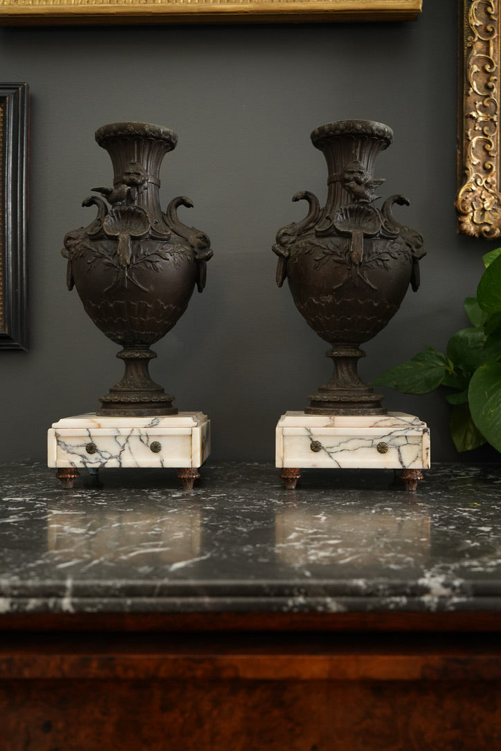 Pair of 19th Century French Napoleon III Style Spelter & Marble Urns