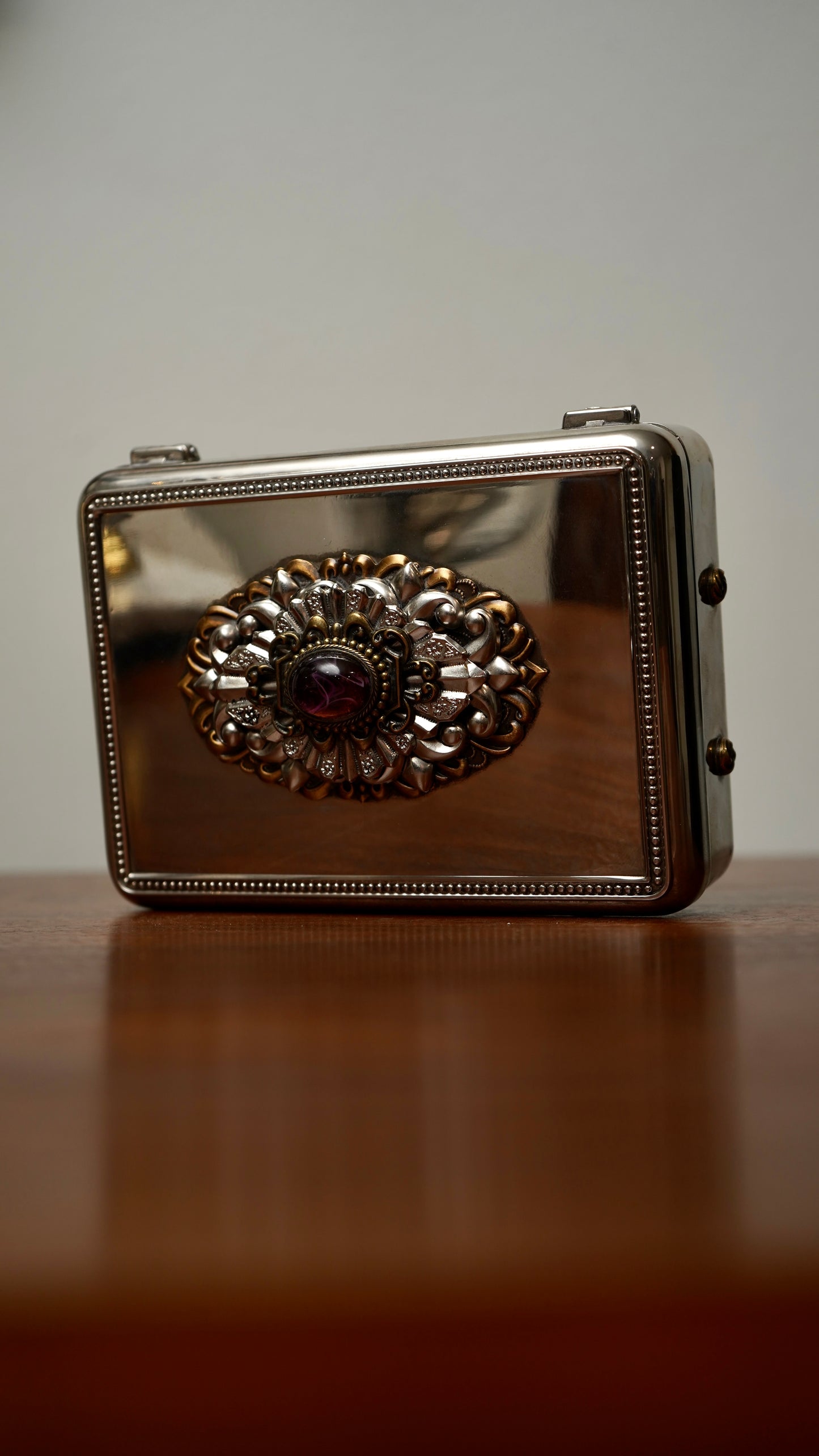 Vintage Silver-Plated Jewelry Box with Amethyst Glass Cabochon and Repoussé Medallion, Mid-20th Century