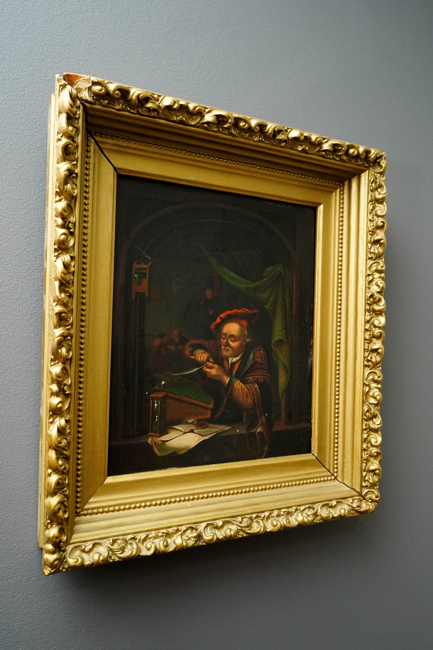 Antique Dutch Genre Oil on Metal Painting, “The Scholar” Pendant to “The Dentist”