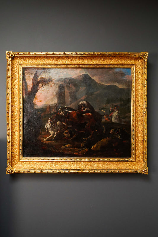 “Hounds Hunting Stag” 18th Century French Oil Painting Attributed to the Fontainebleau Tradition