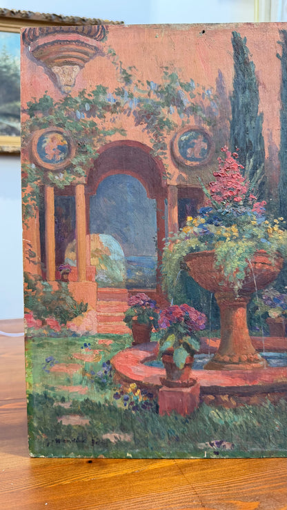 Signed Garden Fountain Oil Painting, Unframed