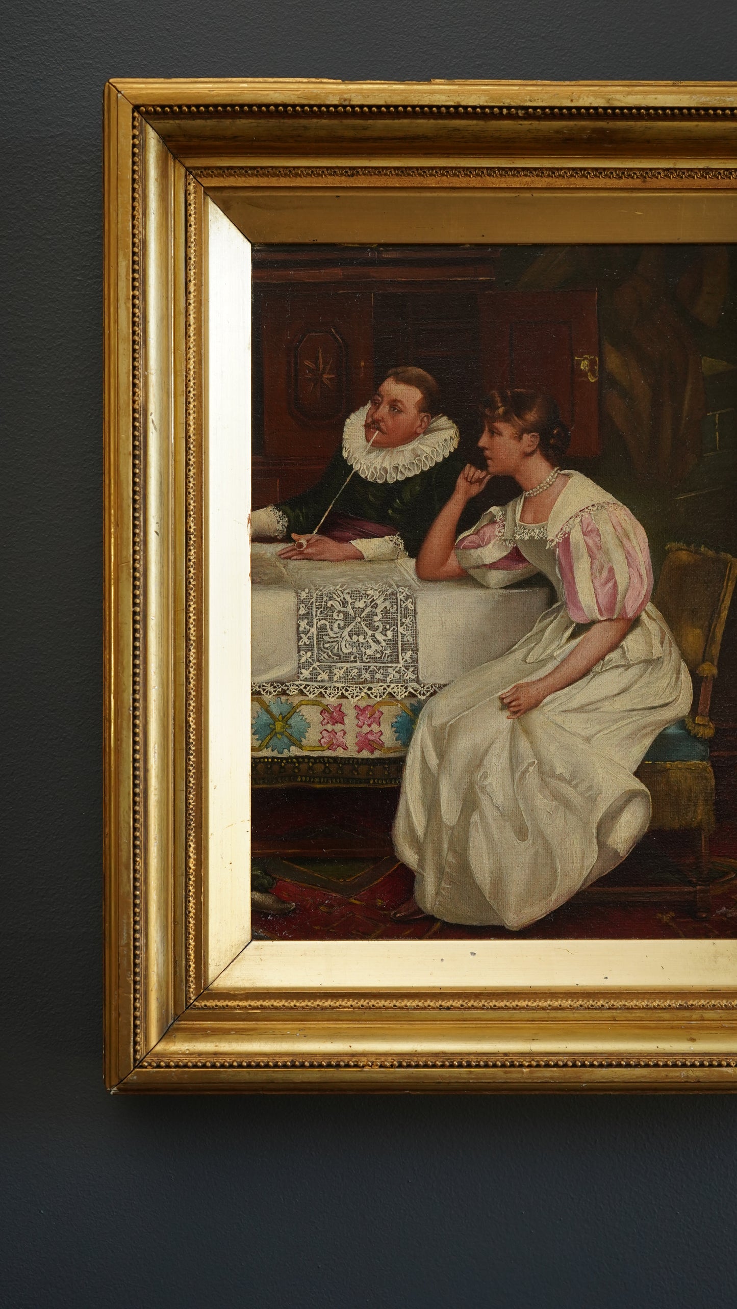 Contemplation by Henry S. Cook | Antique Victorian Oil on Board Painting | English Genre Revival Scene, c.1890s