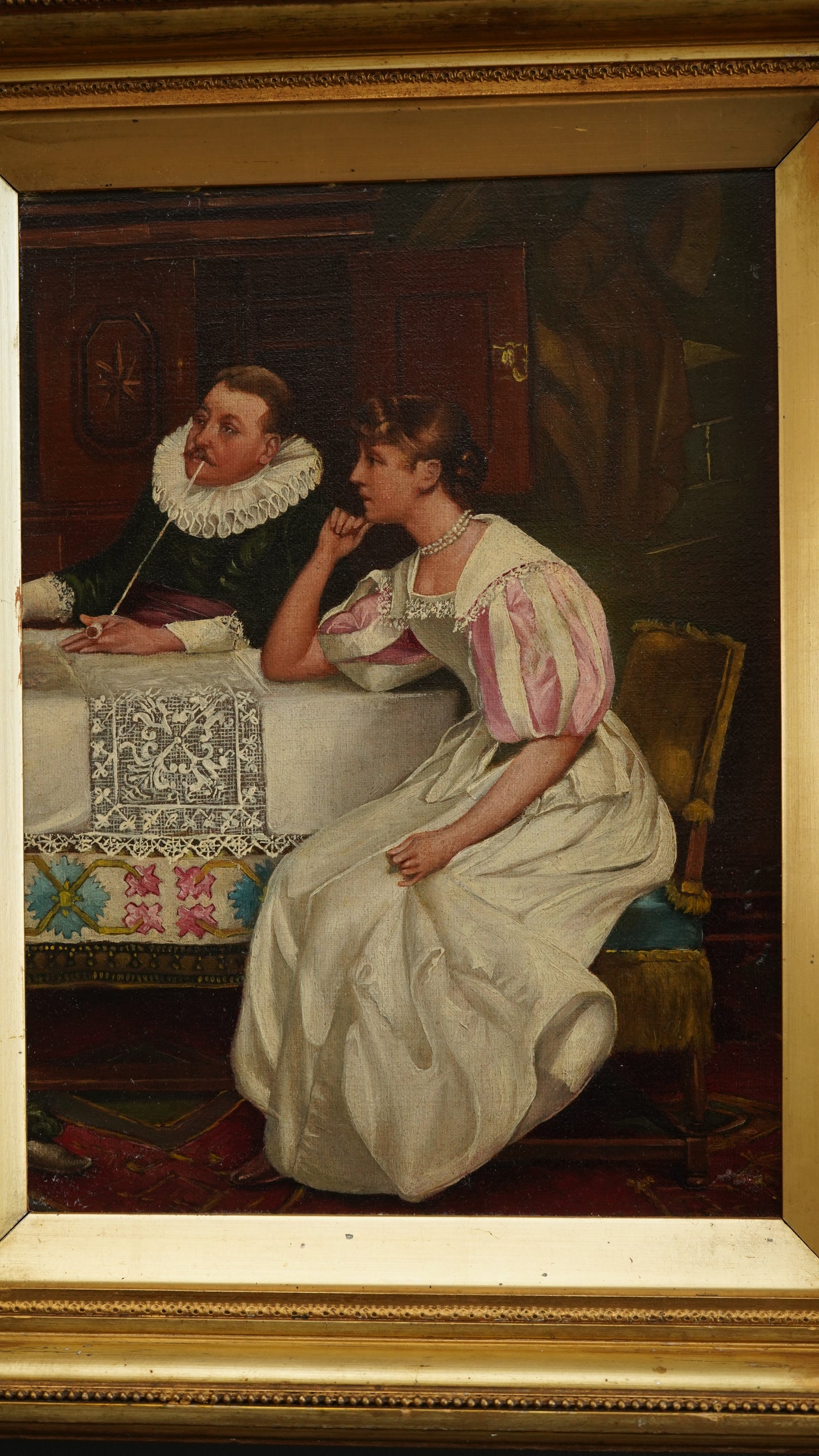 Contemplation by Henry S. Cook | Antique Victorian Oil on Board Painting | English Genre Revival Scene, c.1890s