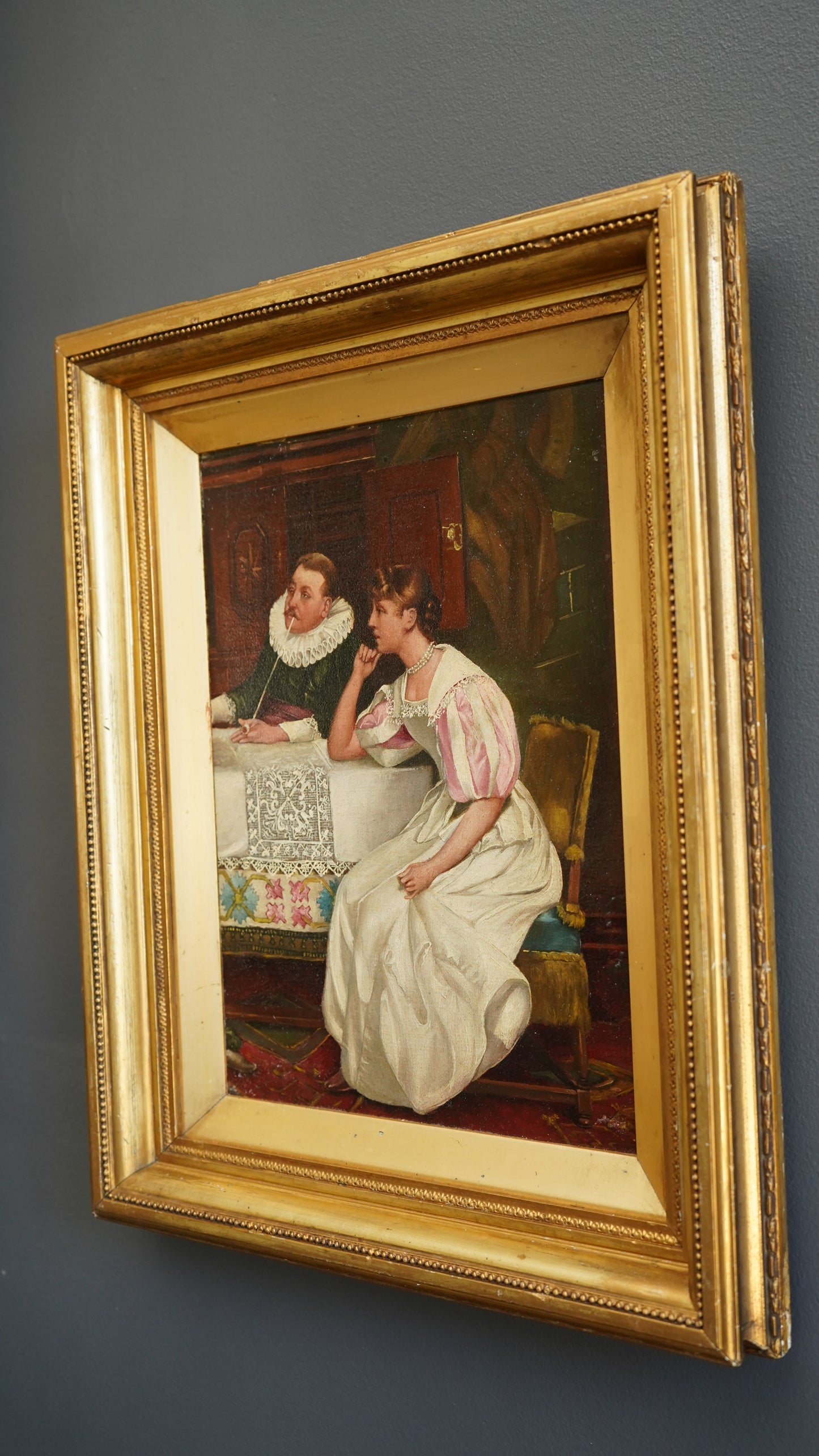 Contemplation by Henry S. Cook | Antique Victorian Oil on Board Painting | English Genre Revival Scene, c.1890s