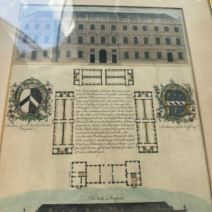 18th-Century Architectural Engraving of St. Bartholomew’s Hospital by Benjamin Cole (Hand-Colored) | Antique English Architectural Engraving