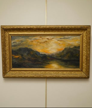 Early 20th Century Impressionist Oil Painting | Sunset Over River Valley in Gilt Frame