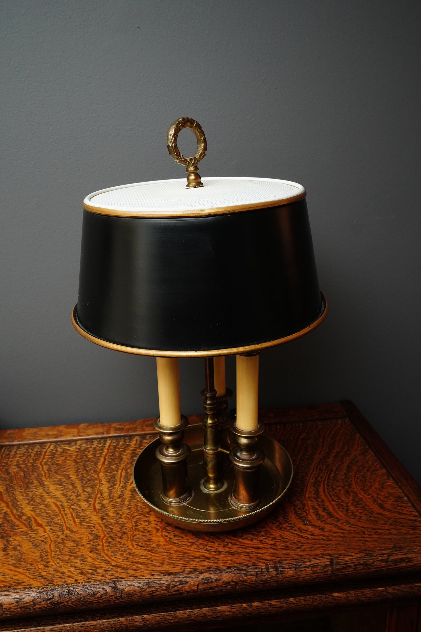 French Bouillotte-Style Three-Light Tole Shade Table Lamp, Black and Brass