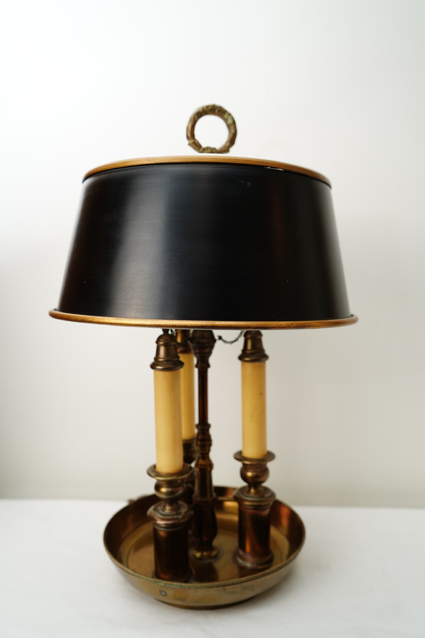French Bouillotte-Style Three-Light Tole Shade Table Lamp, Black and Brass