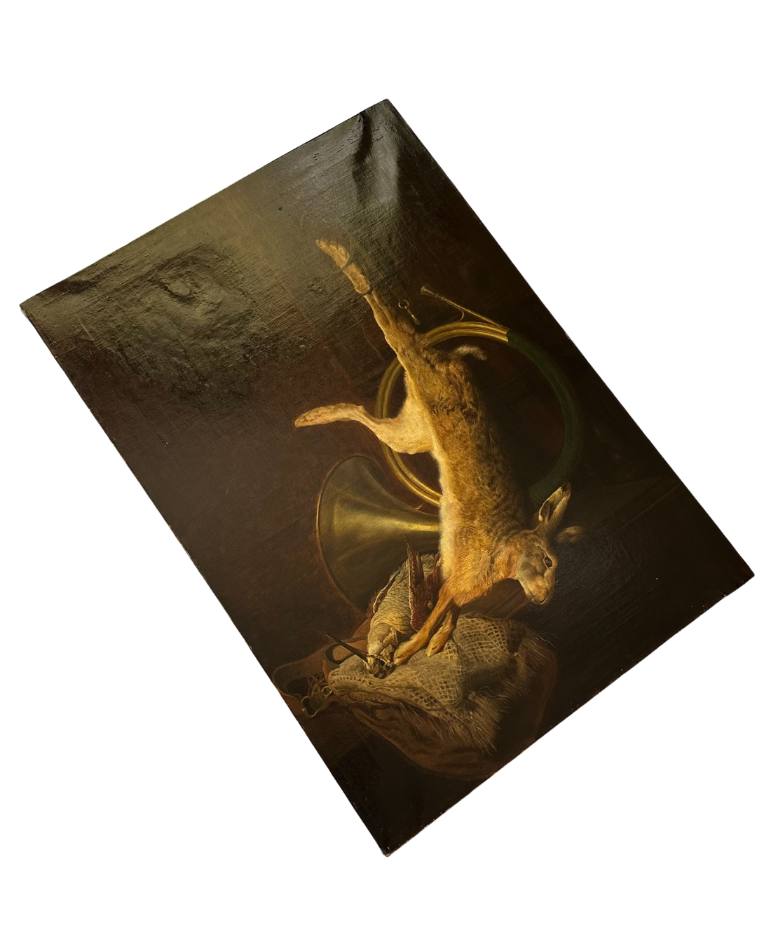 19th Century Game Hunt Rabbit Oil Painting, Large Unframed European Hunt Old Masters Oil Painting