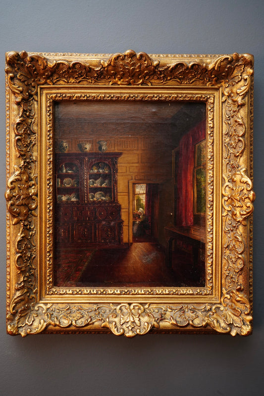 Antique English Interior Oil Painting Woman at Window Dutch Style