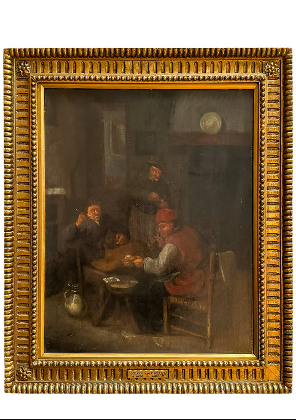 After Adriaen van Ostade (1610–1685) "By the Hearth" Oil on Board Painting