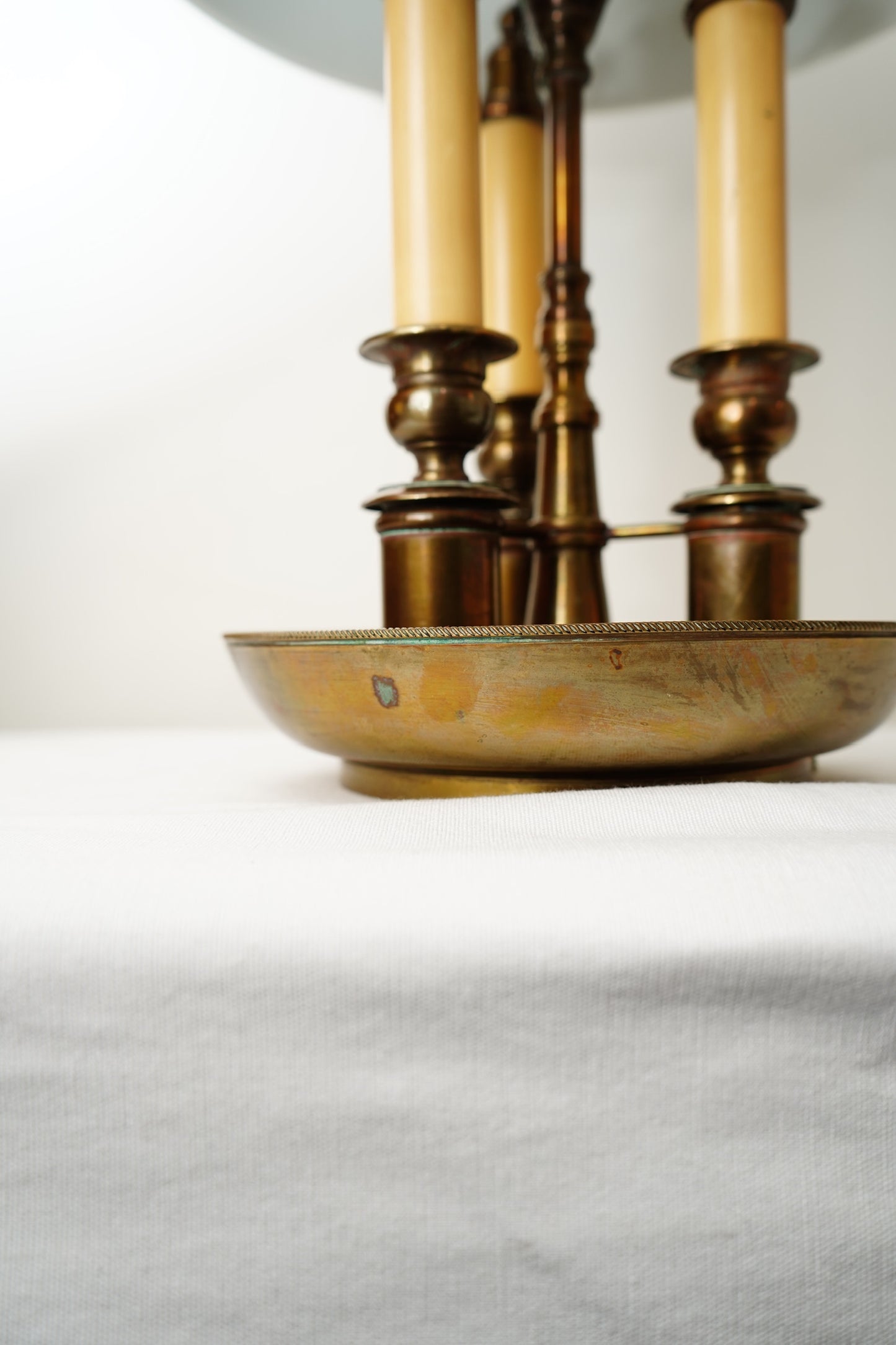 French Bouillotte-Style Three-Light Tole Shade Table Lamp, Black and Brass