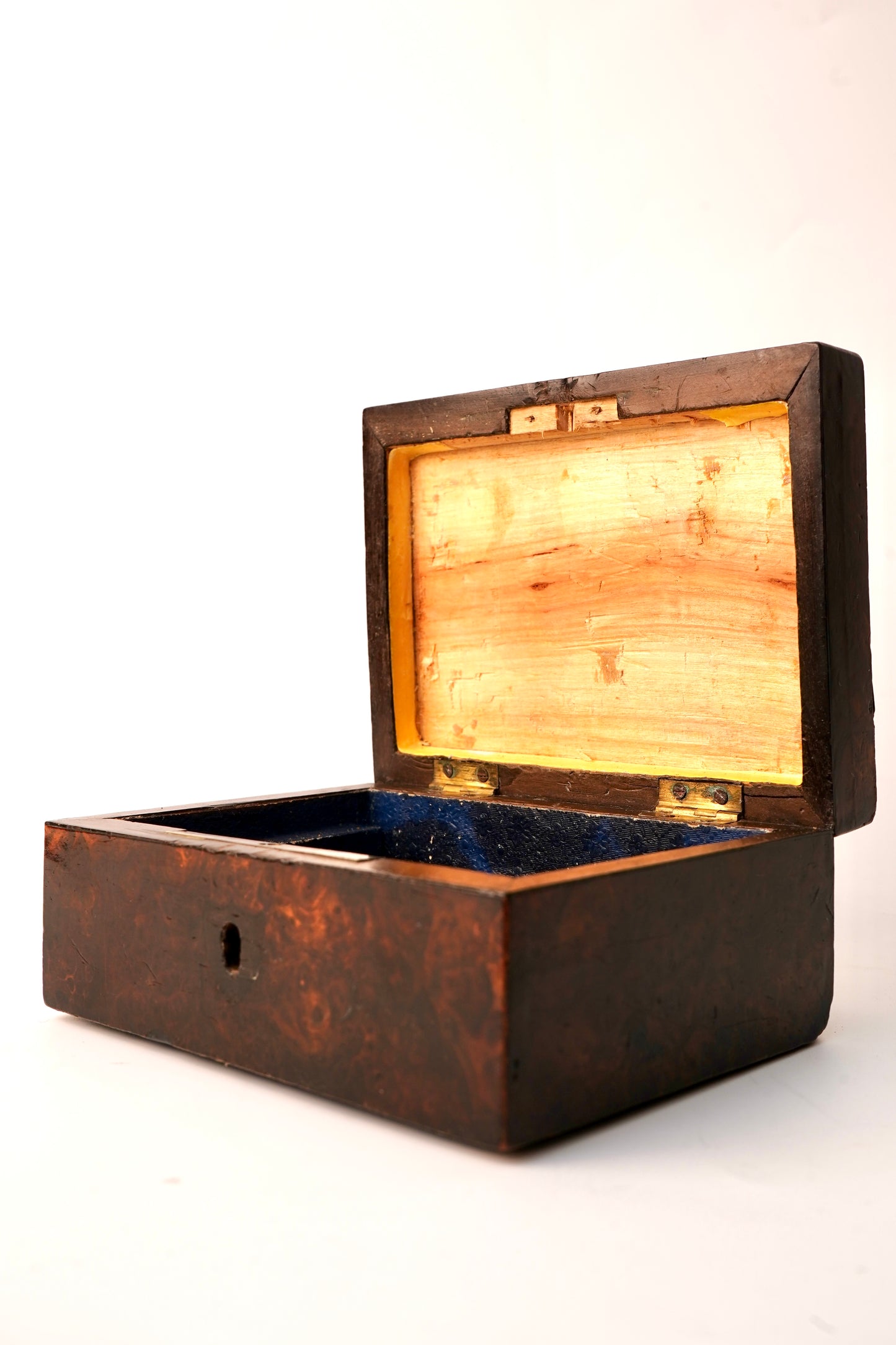 Miniature Antique English Burr Walnut Veneer Trinket Box with Blue Lining