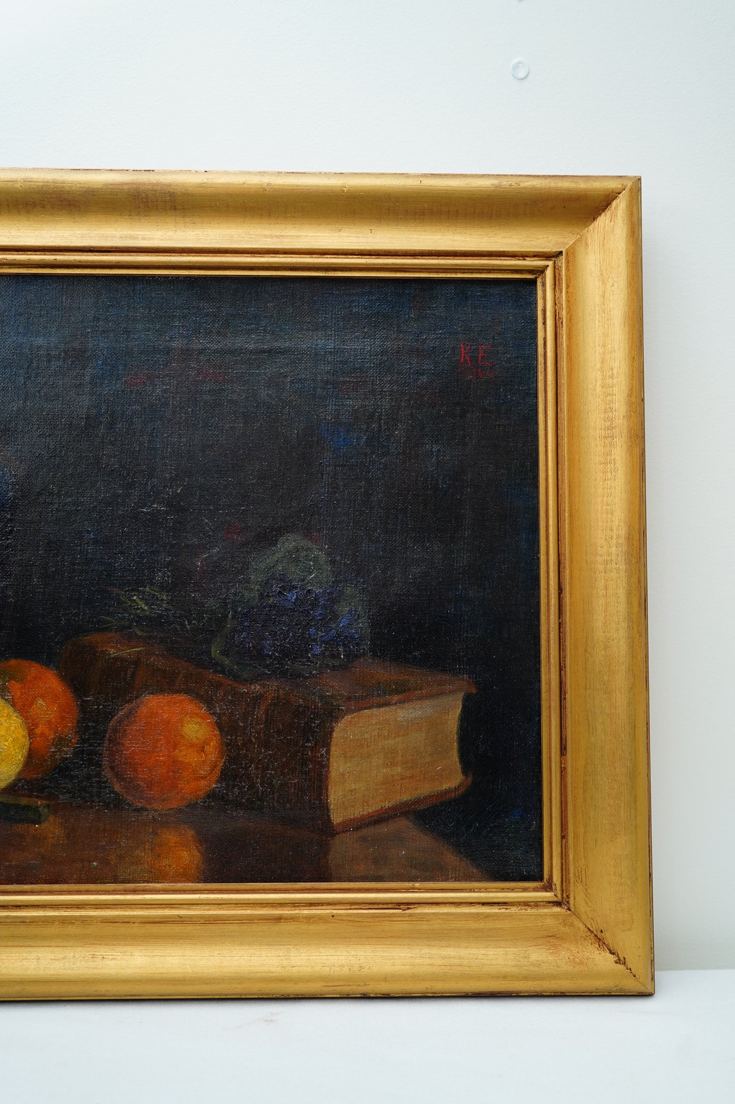 Antique 1905 Oil Painting Still Life with Fruit, Book & Earthenware Jar | Signed K.E.